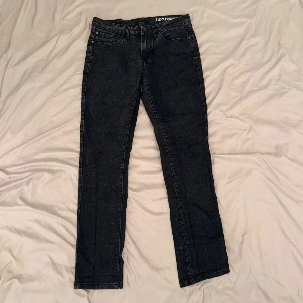 IZOD Men’s Slim Straight Fit Black Dark Wash Stretch Denim Jeans Mid Rise 32x32